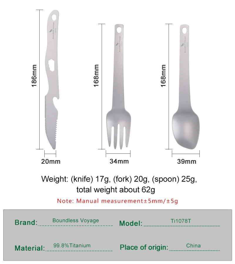 Boundless Voyage Titanium Camping Cutlery Set Ultralight Spoon Fork Knife with Opener Hook Portable Utensil for Outdoor Backpacking Travel Hiking Ti1078T