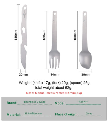 Boundless Voyage Titanium Camping Cutlery Set Ultralight Spoon Fork Knife with Opener Hook Portable Utensil for Outdoor Backpacking Travel Hiking Ti1078T