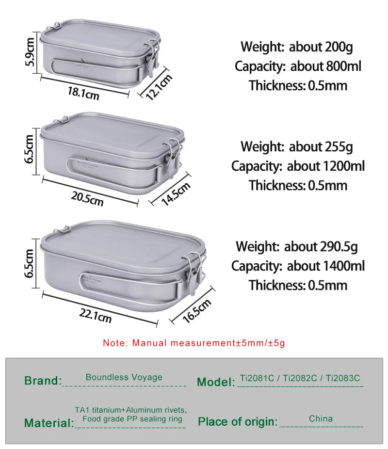 Boundless Voyage Titanium Bento with Lid & Handle Outdoor Camping Dinner Box Portable Cookware Leak Proof Lunch Box Container Ti2083C