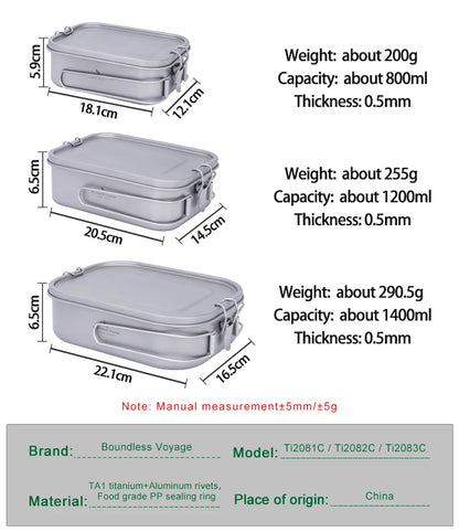 Boundless Voyage Titanium Bento with Lid & Handle Outdoor Camping Dinner Box Portable Cookware Leak Proof Lunch Box Container Ti2083C