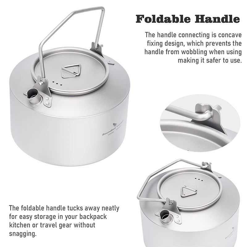 Boundless Voyage 1L Titanium Kettle Ultralight Camping Tea Coffee Pot for Campfire & Stove Backpacking Hiking Outdoor Travel Ti3099D