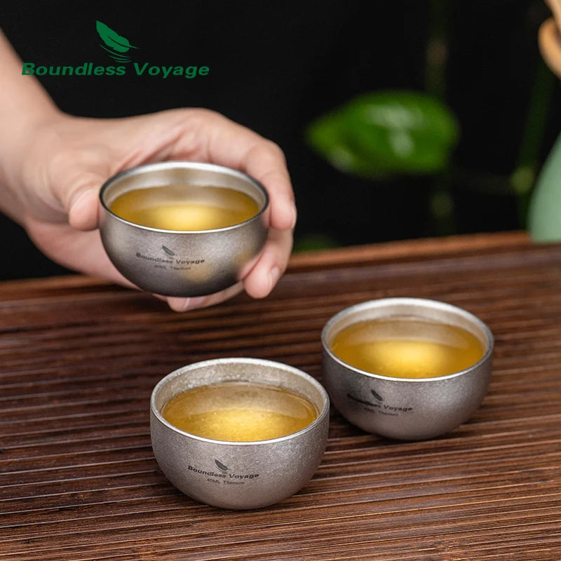 Boundless Voyage Titanium Mini Tea Cup – 40ml, Double-Wall, Sandblasted, 2 Finishes Ti3204D