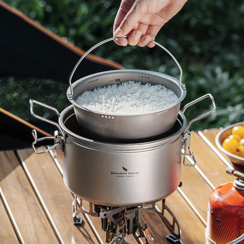 Boundless Voyage Camping Titanium Pot Ultralight Rice Soup Cooker Multifunctional Cooker Outdoor Portable Open Fire Cookware Ti2087C