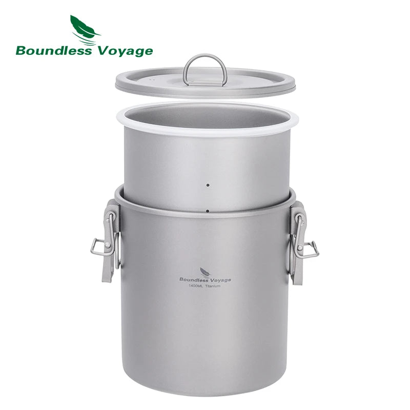 Boundless Voyage Titanium Cook Set – 1.4L Outer Pot + 0.9L Inner Pot, Steamer, Foldable Handles Ti2093C