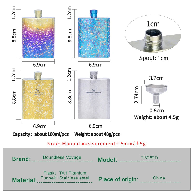 Boundless Voyage Titanium Flask – 100ml, Ergonomic Design, 4 Colors, Leak-Proof Ti3262D
