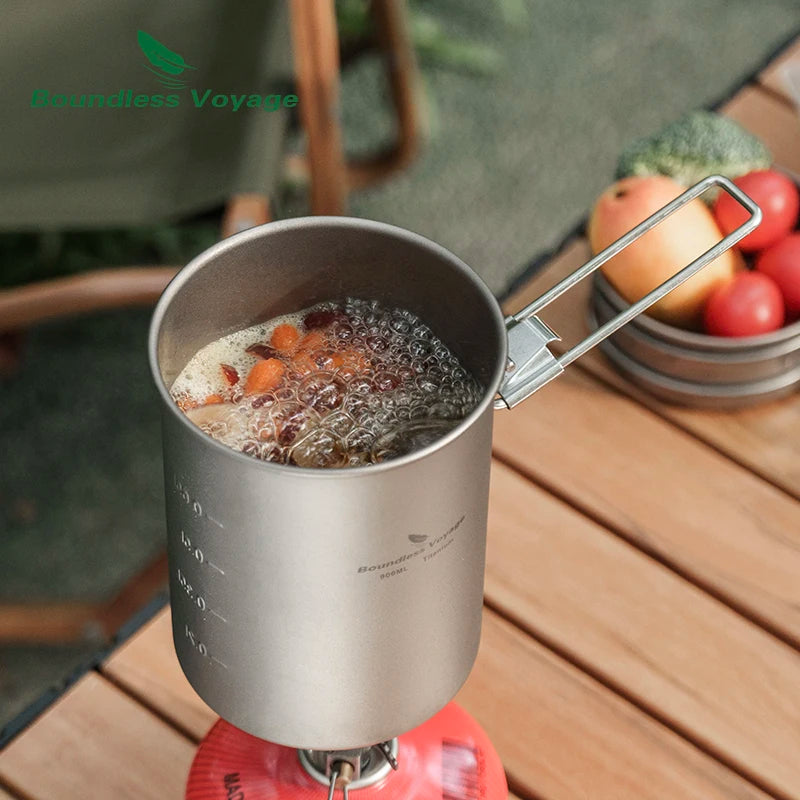 Boundless Voyage 900ml Titanium Pot Cup Camping Cookware Lightweight Bowl with Folding Handle & Lid Outdoor Portable Cooking Ti2040C kit