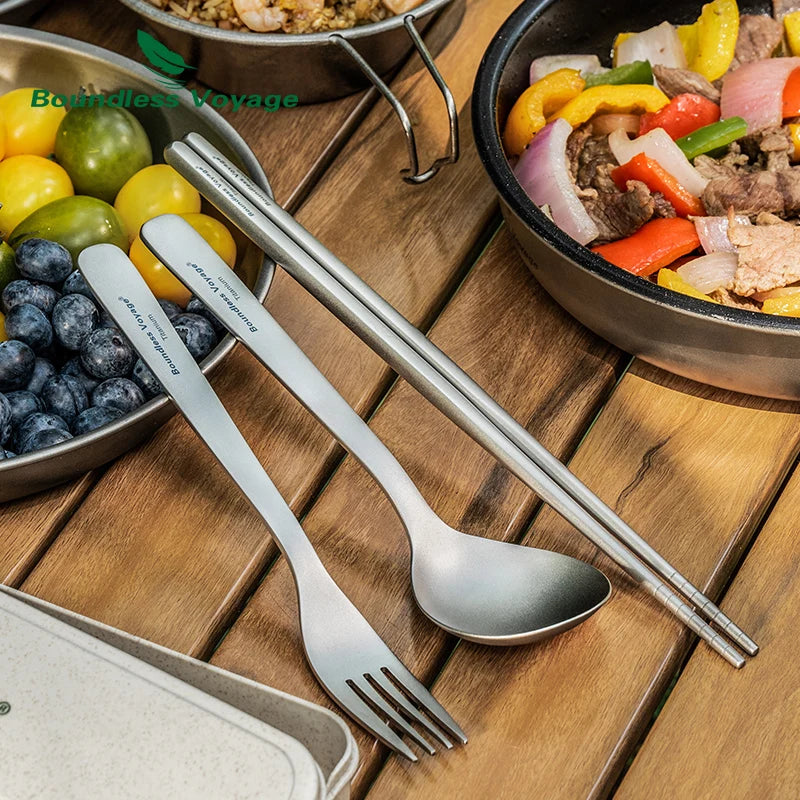Boundless Voyage Camping Titanium Cutlery Set Outdoor Utensils Long Handle Soup Spoon Fork Chopsticks Ultralight Metal Tableware Ti1070T