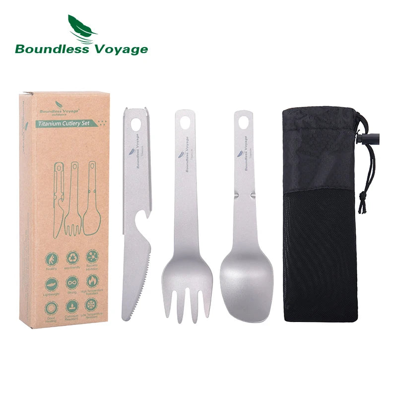Boundless Voyage Titanium Cutlery Set Small Outdoor Camping Portable Knife Fork Spoon Bottle Opener Travel Lightweight Tableware Ti1077T