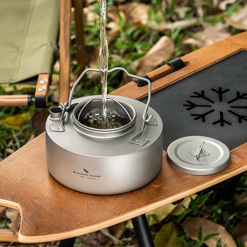 Boundless Voyage Titanium Camping Kettle – 700ml, Foldable Handle, Mesh Filter, Fast Boiling Ti3104D