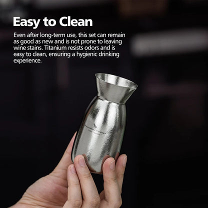 Boundless Voyage Titanium Sake Set 150ml Lightweight Carafe & 2 Cups for Sake, Soju, Wine | Portable Drinkware Gift Ti3266D
