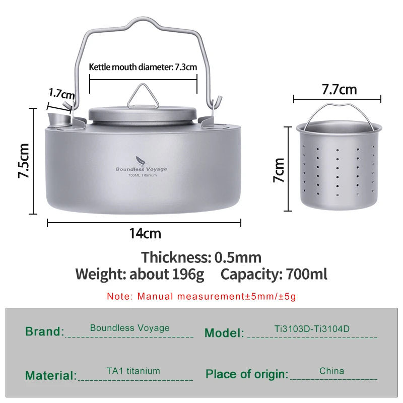 Boundless Voyage Titanium Camping Kettle – 700ml, Foldable Handle, Mesh Filter, Fast Boiling Ti3104D