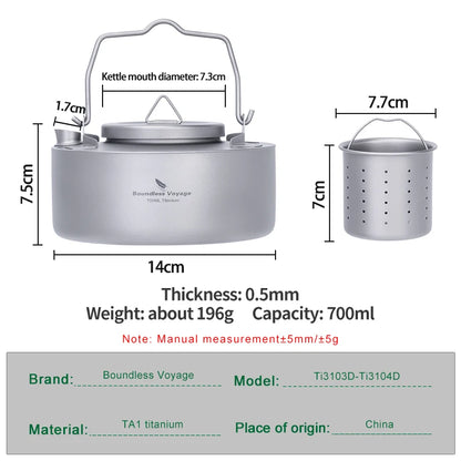 Boundless Voyage Titanium Camping Kettle – 700ml, Foldable Handle, Mesh Filter, Fast Boiling Ti3104D