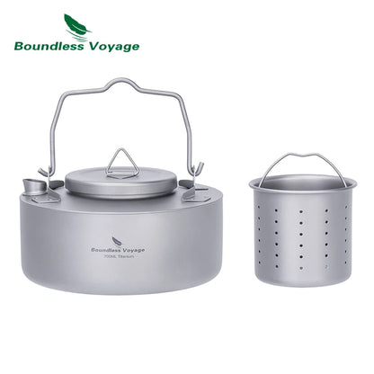 Boundless Voyage Titanium Camping Kettle – 700ml, Foldable Handle, Mesh Filter, Fast Boiling Ti3104D