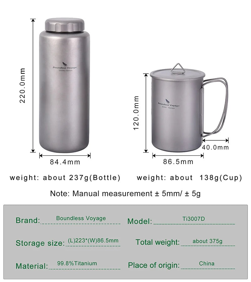 Titanium Water Bottle 1050ml Camping Canteen Cycling Sport Drinking Bottle