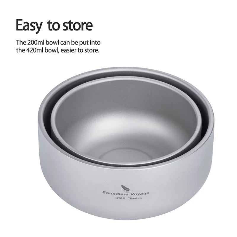 Boundless Voyage Titanium Bowl Set 200ml & 420ml | Lightweight Stackable Camping Bowls for Family | Anti-Scald Outdoor Tableware Ti1084T