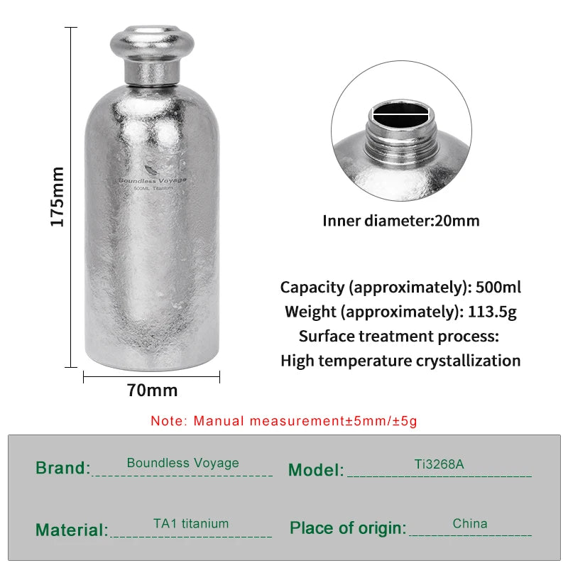 Boundless Voyage 500ml Titanium Flask Leakproof Narrow Mouth Portable Liquor Wine Bottle for Travel Camping Hiking, Non-coating Ti3268A