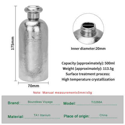 Boundless Voyage 500ml Titanium Flask Leakproof Narrow Mouth Portable Liquor Wine Bottle for Travel Camping Hiking, Non-coating Ti3268A
