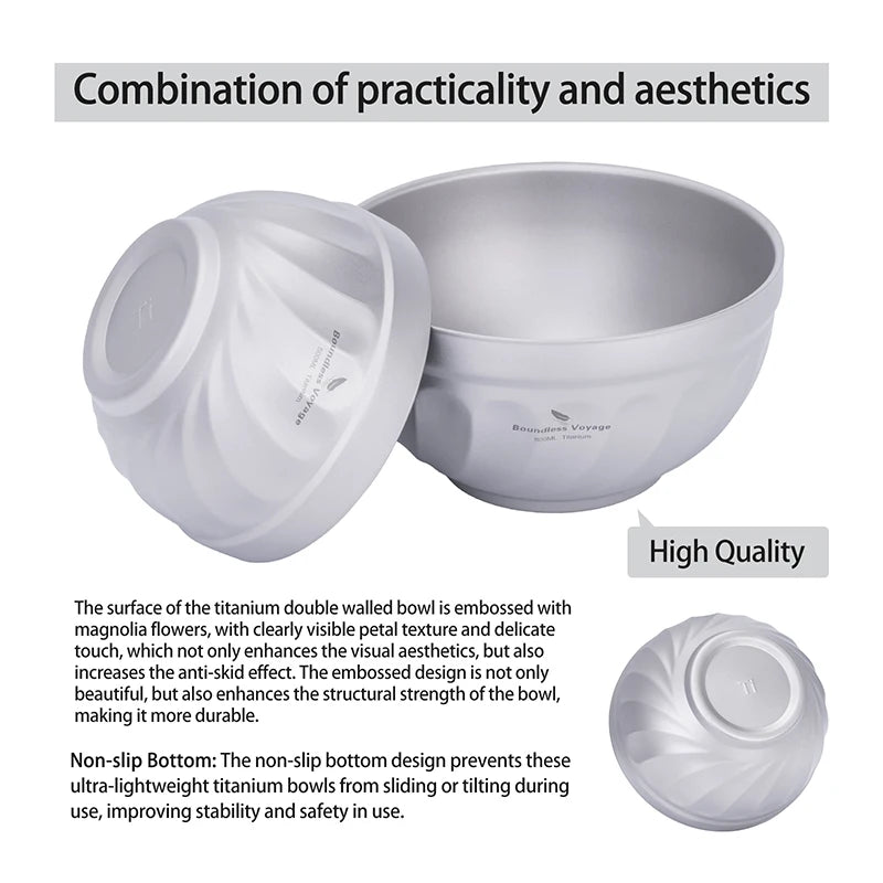 Boundless Voyage Titanium Double-Wall Bowl Set – 500ml + 800ml, Magnolia Embossed, Anti-Scald Ti1168T/Ti1169T