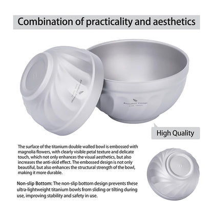 Boundless Voyage Titanium Double-Wall Bowl Set – 500ml + 800ml, Magnolia Embossed, Anti-Scald Ti1168T/Ti1169T
