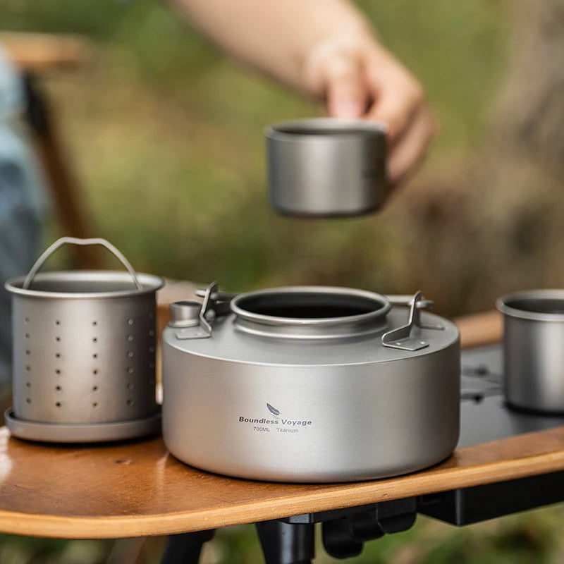 Boundless Voyage Titanium Camping Kettle – 700ml, Foldable Handle, Mesh Filter, Fast Boiling Ti3104D