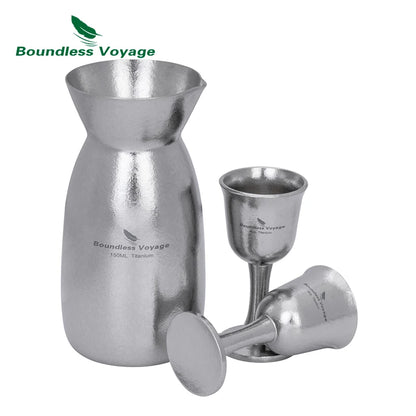 Boundless Voyage Titanium Sake Set 150ml Lightweight Carafe & 2 Cups for Sake, Soju, Wine | Portable Drinkware Gift Ti3266D