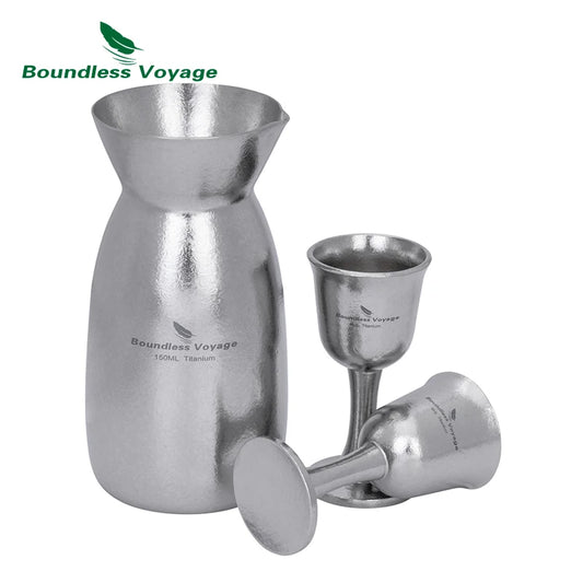 Boundless Voyage Titanium Sake Set 150ml Lightweight Carafe & 2 Cups for Sake, Soju, Wine | Portable Drinkware Gift Ti3266D
