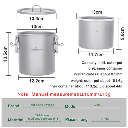Boundless Voyage Titanium Cook Set – 1.4L Outer Pot + 0.9L Inner Pot, Steamer, Foldable Handles Ti2093C