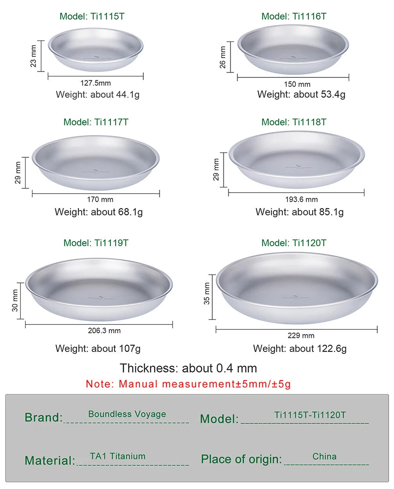 Boundless Voyage Titanium Plates Camping Shallow Side Dishes Outdoor Home Food Serving Dinnerware Portable Travel Tableware