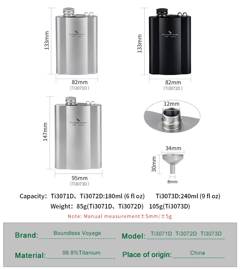 Titanium Hip Flask 180ml / 240ml Whiskey Vodka Wine Pot