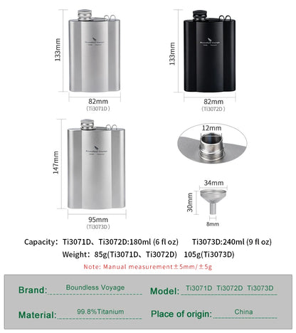 Titanium Hip Flask 180ml / 240ml Whiskey Vodka Wine Pot