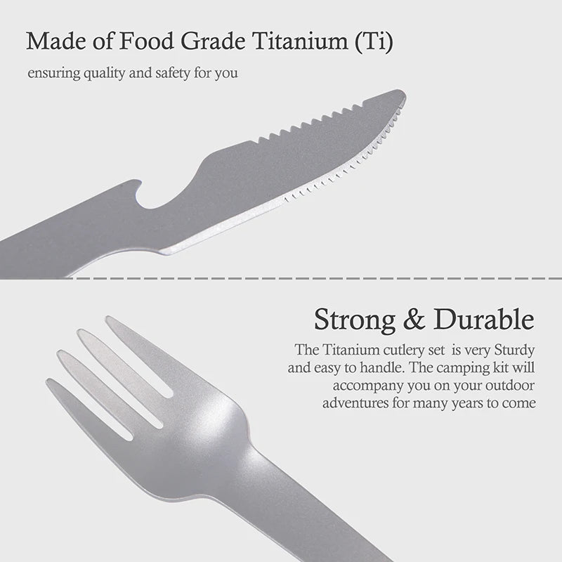 Boundless Voyage Titanium Camping Cutlery Set Ultralight Spoon Fork Knife with Opener Hook Portable Utensil for Outdoor Backpacking Travel Hiking Ti1078T