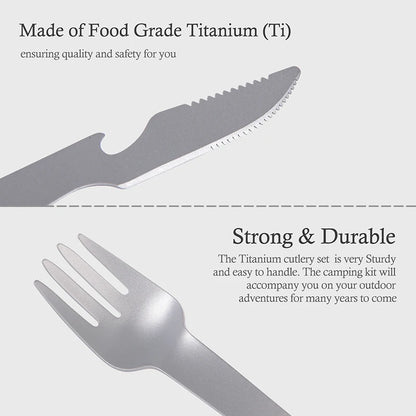 Boundless Voyage Titanium Camping Cutlery Set Ultralight Spoon Fork Knife with Opener Hook Portable Utensil for Outdoor Backpacking Travel Hiking Ti1078T