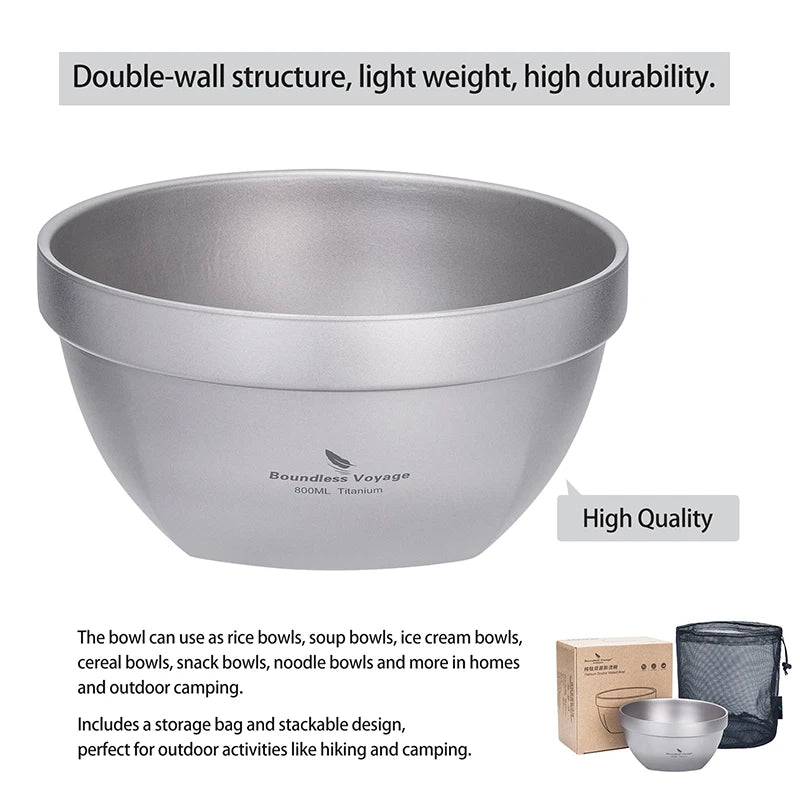 Boundless Voyage 500ml / 800ml Double Walled Titanium Bowl Food Rice Soup Bowl Ultralight Tableware Outdoor Camping Metal Bowl