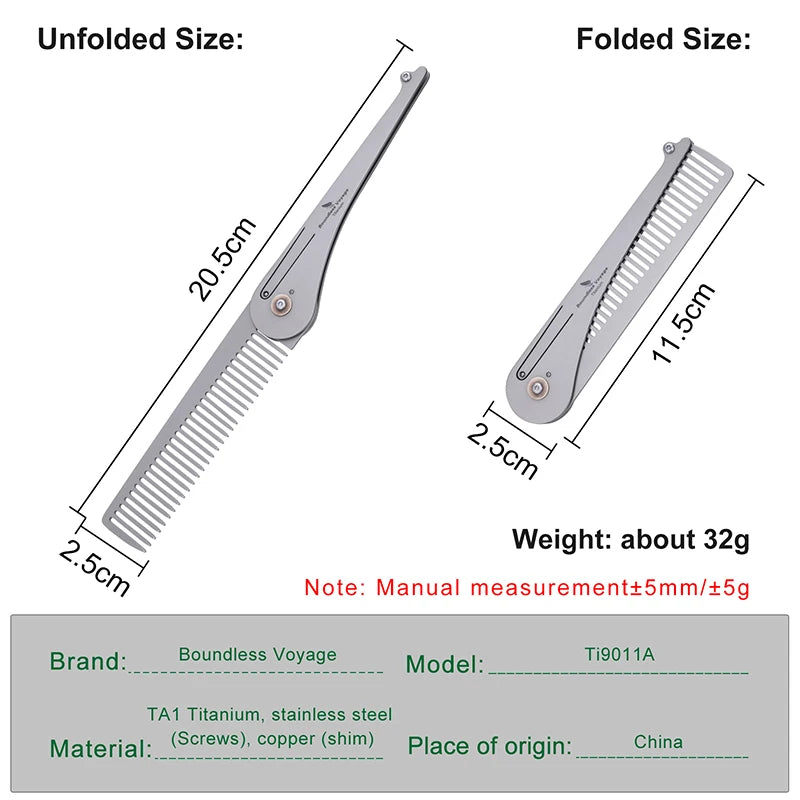 Titanium Foldable Comb Ultra Lightweight Travel Hair Comb, Anti-Static & Portable Pocket Comb for Men Women Ti9011A
