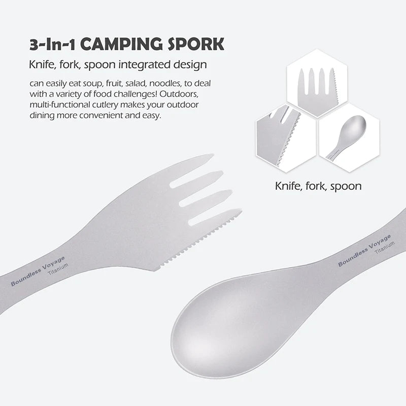 Boundless Voyage Titanium Spork Portable Camping Spoon Fork Knife Ultralight 3 in 1 Utensil Ti1064T