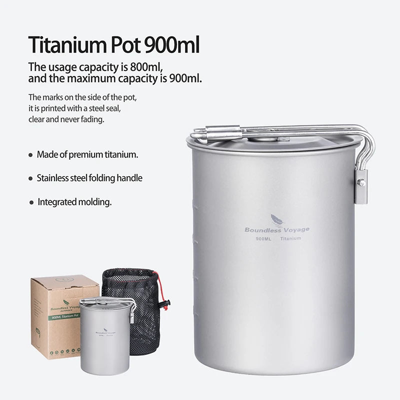 Boundless Voyage 900ml Titanium Pot Cup Camping Cookware Lightweight Bowl with Folding Handle & Lid Outdoor Portable Cooking Ti2040C kit