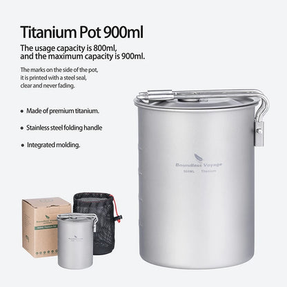 Boundless Voyage 900ml Titanium Pot Cup Camping Cookware Lightweight Bowl with Folding Handle & Lid Outdoor Portable Cooking Ti2040C kit