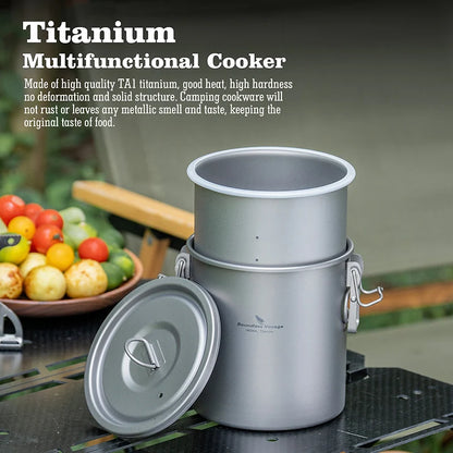 Boundless Voyage Titanium Cook Set – 1.4L Outer Pot + 0.9L Inner Pot, Steamer, Foldable Handles Ti2093C