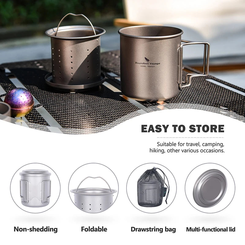 Boundless Voyage 420ml Titanium Mug with Strainer & Lid Lightweight Camping Single Layer Tea Cup with Filter Outdoor Drinkware Ti3054D