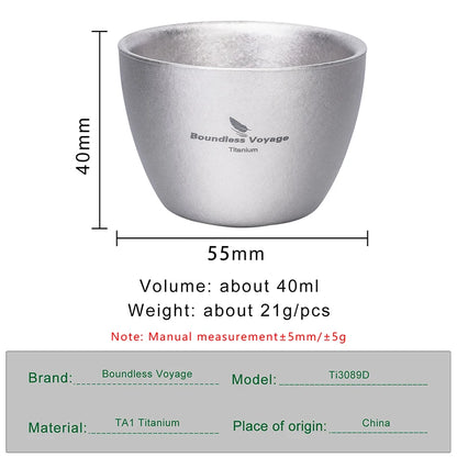 Boundless Voyage 40ml Titanium Tea Cups Mini Double-walled Sake Cup Wine Mug Outdoor Camping Tableware Durable Drinkware Ti3089D