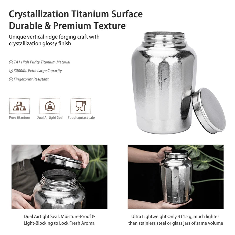 Boundless Voyage Titanium Airtight Storage Canister 3L Large Tea Caddy Leakproof Wide Mouth Sealed Container for Loose Leaf Tea