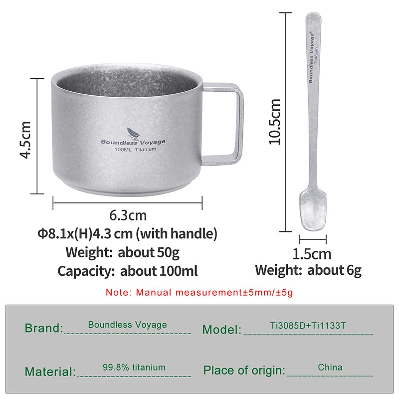 Boundless Voyage Titanium Espresso Cup 100ml Mini Double Wall Tea Coffee Mug Druable Metal Drinkware for Travel Home Office Ti3085D