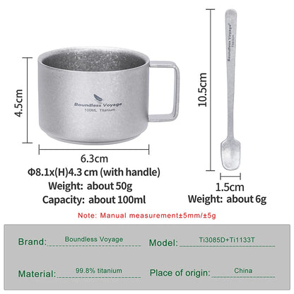 Boundless Voyage Titanium Espresso Cup 100ml Mini Double Wall Tea Coffee Mug Druable Metal Drinkware for Travel Home Office Ti3085D