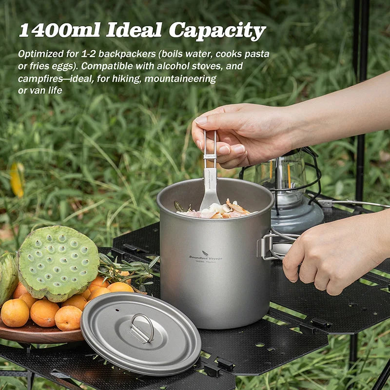Boundless Voyage Titanium Camping Pot 1400ml Ultralight Backpacking Cookware with Folding Handle & Lid for Outdoor Hiking Travel Ti2060C