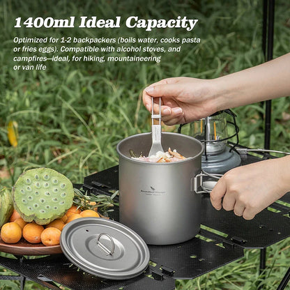 Boundless Voyage Titanium Camping Pot 1400ml Ultralight Backpacking Cookware with Folding Handle & Lid for Outdoor Hiking Travel Ti2060C