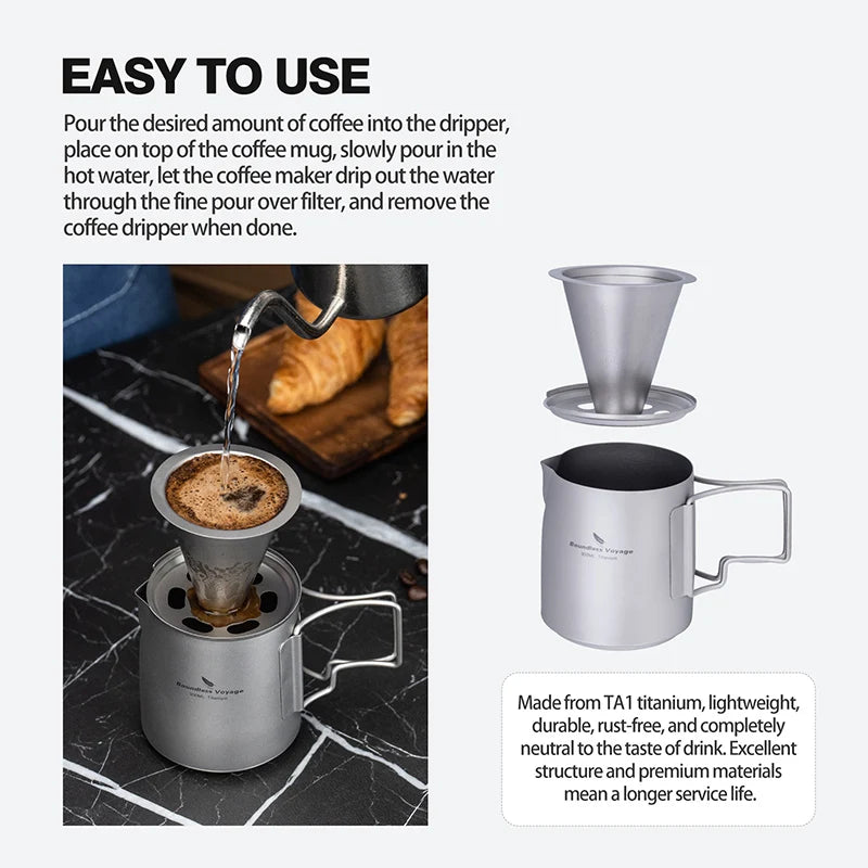 Boundless Voyage Titanium Portable Pour-over Coffee Set 300ml Coffee Mug with Detachable Dripper Outdoor Camping Coffee Maker Ti6007P