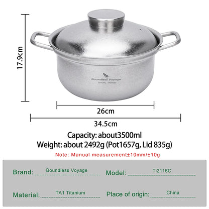 Boundless Voyage 3.5L Soup Pot, Premium TA1 Pure Titanium Stew Pot, Thick-Wall Cooking Durable Casserole, Non-Toxic, Uncoated Ti2116C