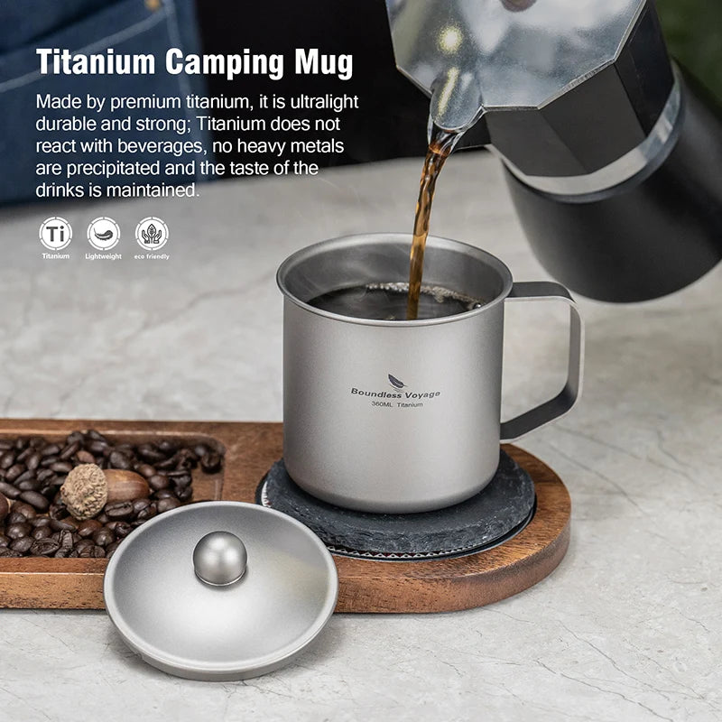 Boundless Voyage 360ml Titanium Camping Mug with Lid Lightweight Travel Coffee Tea Cup Portable Durable Single layer Dinking Mug Ti3023D