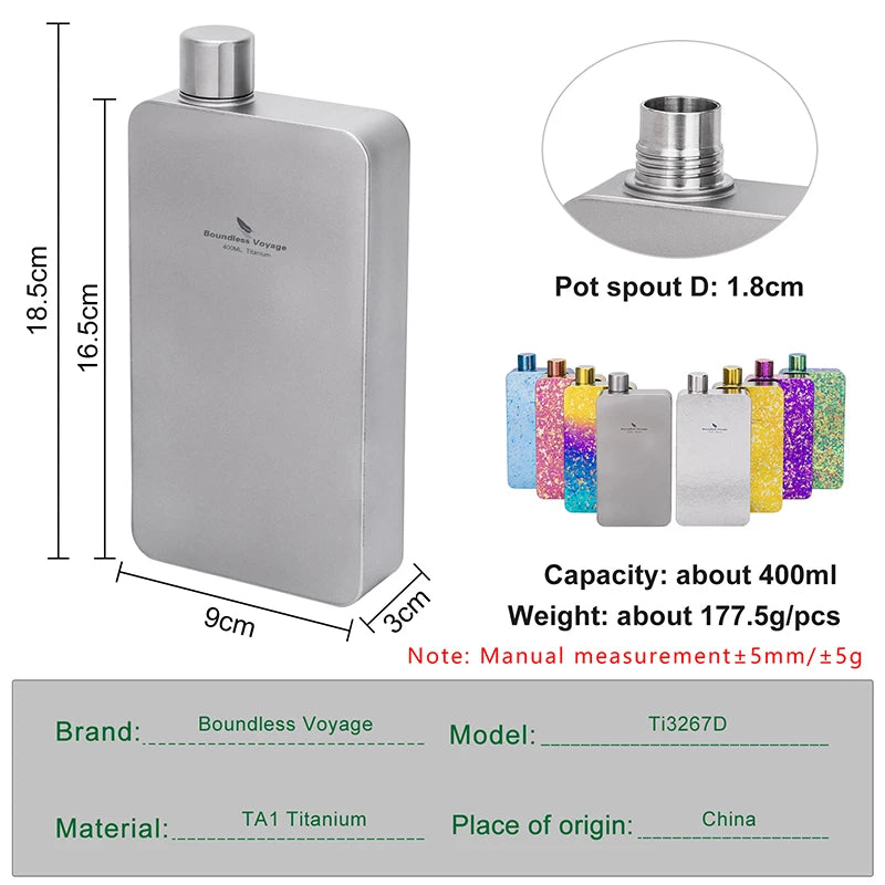 Boundless Voyage 400ml Titanium Flask Leakproof Metal Liquor Wine Bottle Ultralight for Camping & Travel Gift for Men Ti3267D