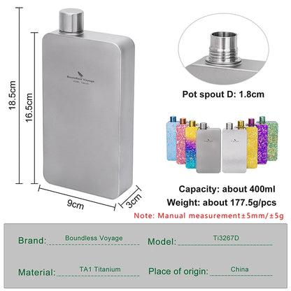 Boundless Voyage 400ml Titanium Flask Leakproof Metal Liquor Wine Bottle Ultralight for Camping & Travel Gift for Men Ti3267D